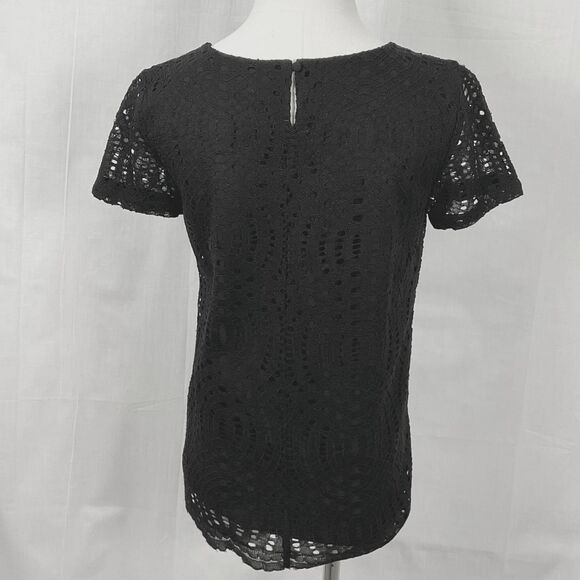J Crew Black Lace Shirt Lined Keyhole button back S/Sleeve Top Blouse Sz O New - Picture 4 of 5